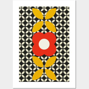 Retro Flower, Geo Pattern Red, Yellow, Black and Cream Posters and Art